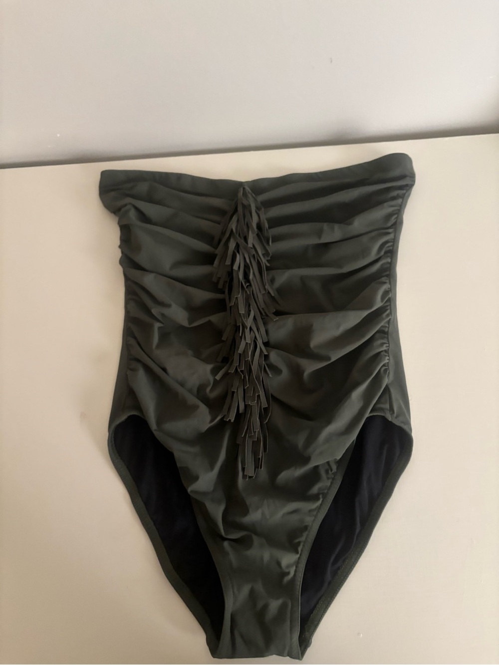 Olive Ruched Strapless One-Piece Swimsuit with Center Fringe